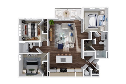 Floor plan for 3 beds, 2 baths, 1369 sqft
